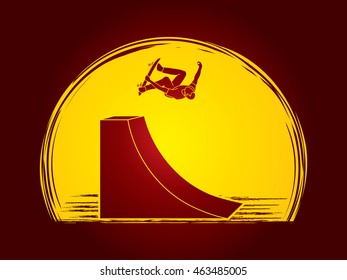 Skateboarder high jumping designed on moonlight background graphic vector.