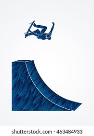 Skateboarder high jumping designed using blue grunge brush graphic vector.