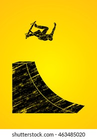Skateboarder high jumping designed using grunge brush graphic vector.
