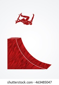 Skateboarder high jumping designed using red grunge brush graphic vector.