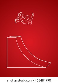 Skateboarder high jumping outline graphic vector.