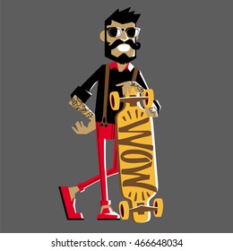 Skateboarder and hipster in the red shoes and a black shirt. Vector illustration on grey background.