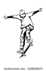 Skateboarder isolated vector illustration. Skateboarding sport theme. Skateboarder black and white logo.