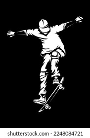 Skateboarder isolated vector illustration. Skateboarding sport theme. Skateboarder black and white logo.