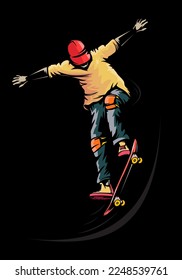 Skateboarder isolated vector illustration. Skateboarding sport theme. Skateboarder black and white logo.