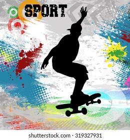 Skateboarder  jump on skateboard on abstract grunge background, vector illustration