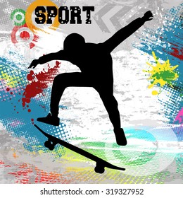 Skateboarder  jump on skateboard on abstract grunge background, vector illustration