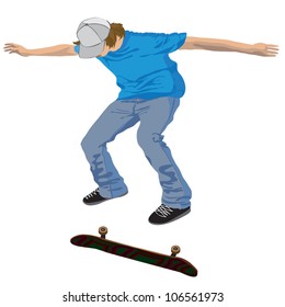 skateboarder jump over skateboard isolated on white
