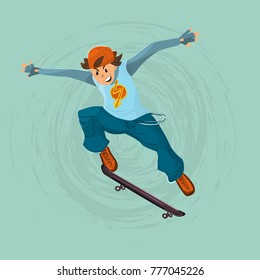 a skateboarder in a jump performs a trick. cartoon character