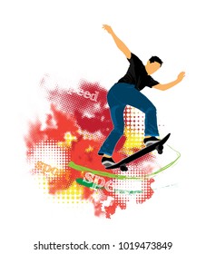 Skateboarder jump, sport background