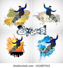 Skateboarder jump, sport background