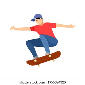 The skateboarder jumped on the board. Dynamic flat illustration isolated on white background. Vector.