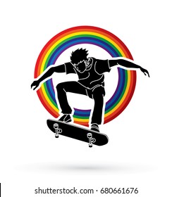 Skateboarder jumping designed on rainbows background graphic vector