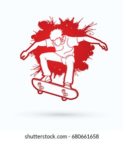 Skateboarder jumping designed on splash ink background graphic vector
