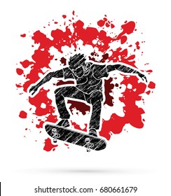 Skateboarder jumping designed on splatter blood background graphic vector