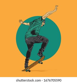 skateboarder jumping. engraving style. vector. vintage. retro illustration