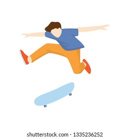 Skateboarder jumping high above skate isolated on white background.