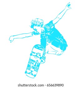 Skateboarder jumping isolated on white. Skates and skateboards icon. Extreme theme modern print.