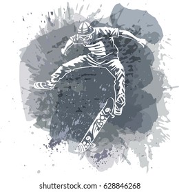 Skateboarder jumping on dark grunde background. Extreme theme modern print. Vector design elements