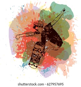 Skateboarder jumping on grunge bright background. Extreme theme modern print. Vector design elements