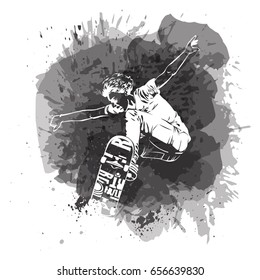 Skateboarder jumping on paint spot with splash in watercolour style background. Skates and skateboards icon. Extreme theme modern print.