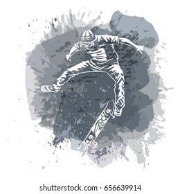 Skateboarder jumping on paint spot with splash in watercolour style background. Skates and skateboards icon. Extreme theme modern print.