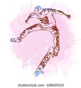 Skateboarder jumping on pink grunde background. Extreme theme modern print. Vector design elements