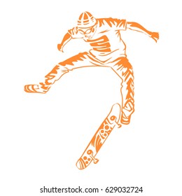 Skateboarder jumping on white background. Extreme theme modern print. Vector design elements