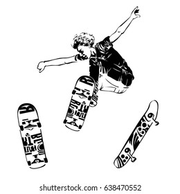 Skateboarder jumping on white background. Skates and skateboards icon. Extreme theme modern print. Vector design elements. Isolated on white