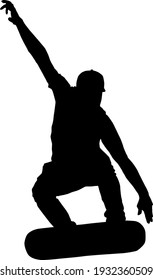 skateboarder jumping with one hand raised vector silhouette from the front isolated on white background, realistic outline