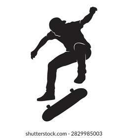 Skateboarder jumping performing kickflip trick silhouette vector illustration isolated on white background