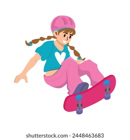 Skateboarder jumping, riding a skateboard. cool girl, trick and stunts on skateboard, movement in the air. Extreme outdoor sport with longboard. Flat vector illustration isolated on white background