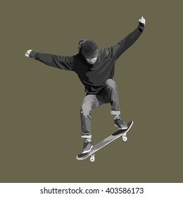 Skateboarder jumps on a skateboard, black-and-white vector illustration