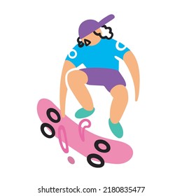 Skateboarder jumps on a skateboard trick. Vector cartoon flat illustration in doodle style. Guy in a cap with curly hair, youth, toss, sport, active lifestyle.