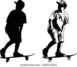 ilustración de skateboarder kid, silhouette y sketch - vector