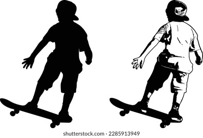 skateboarder kid, silhouette and sketch illustration - vector