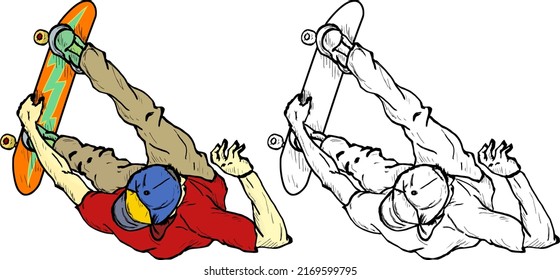 Skateboarder launching into the air on a skateboard to do a flip, isolated against white. Hand drawn vector illustration.