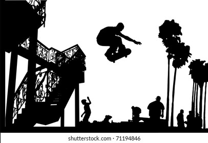 Skateboarder Leap With Spiral Stairs Silhouette Vector 06