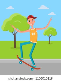 Skateboarder makes freestyle tricks balancing on board. Skater training in green skatepark getting ready for go skateboarding day at 21st of June.