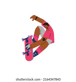 Skateboarder male character doing a jumping trick, flat cartoon vector illustration isolated on white background. Skateboarding street extreme sport activity.