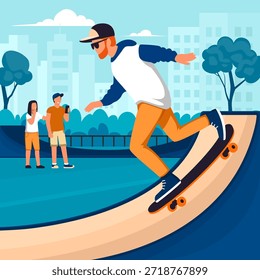 Skateboarder. Mann in Aktion Pose machen Stunt auf Skateboard, städtische Outdoor extreme Aktivität, Durchführung Trick in Skatepark. Vektorgrafik