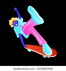 Skateboarder on black background. The skateboarder is doing a trick. Skateboarder in bright neon color t-shirt design. Vector illustration