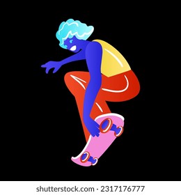 Skateboarder on black background. The skateboarder man is doing a trick. Skateboarder in bright neon color t-shirt design. Vector illustration