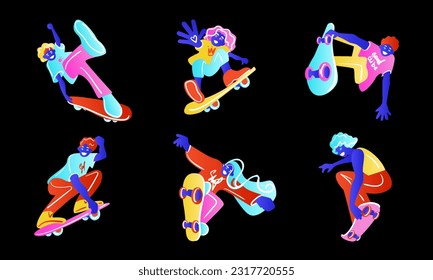 Skateboarder on black background set. Skateboarder in bright neon color t-shirt design. Vector illustration