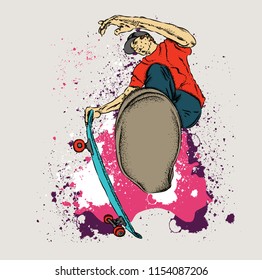 Skateboarder on a skateboard. Grunge background with blots. Vector illustration