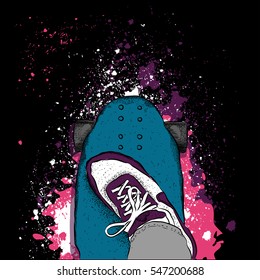 Skateboarder on a skateboard. Grunge background with blots. Vector illustration