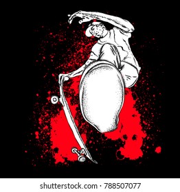Skateboarder on a skateboard. Grunge background with blots. Vector illustration