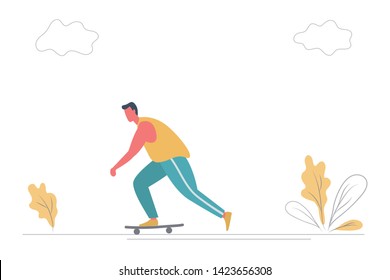 Skateboarder on skateboard in the park. There is also plants and clouds in the picture. The concept of sports lifestyle. Funny flat style. Vector illustration