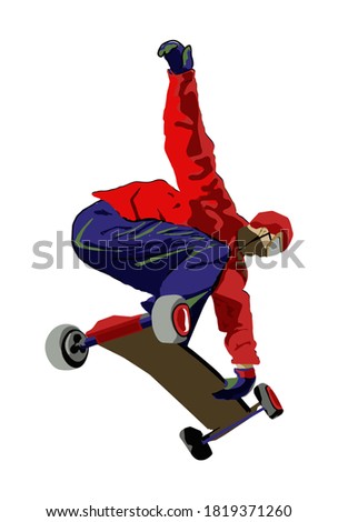 skateboarder on a skateboard while jumping. Vector. Isolated on white. Symbol