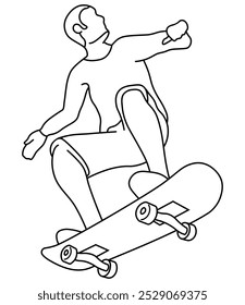 Ilustración de contorno de monopatín. Icono de patinaje de hombre joven. Skateboard, deportes, hobby. 